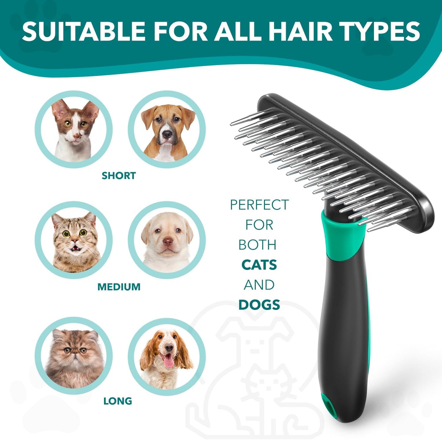 Deshedding Brush Comb - Undercoat Rake for Dogs, Cats, Short, Long Hair Coats - Double Row Stainless Steel Pins - Reduce Shedding by 90% (Green)