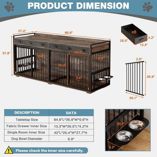 86.6Inch Large Double Dog Crate Furniture,Heavy Duty Metal Frame Dog Crate Kennel with Adjustable Feeder Bowls and Removable Divider&Drawers,Chew-Resistant Dog Kennel for 2 Dogs Indoor
