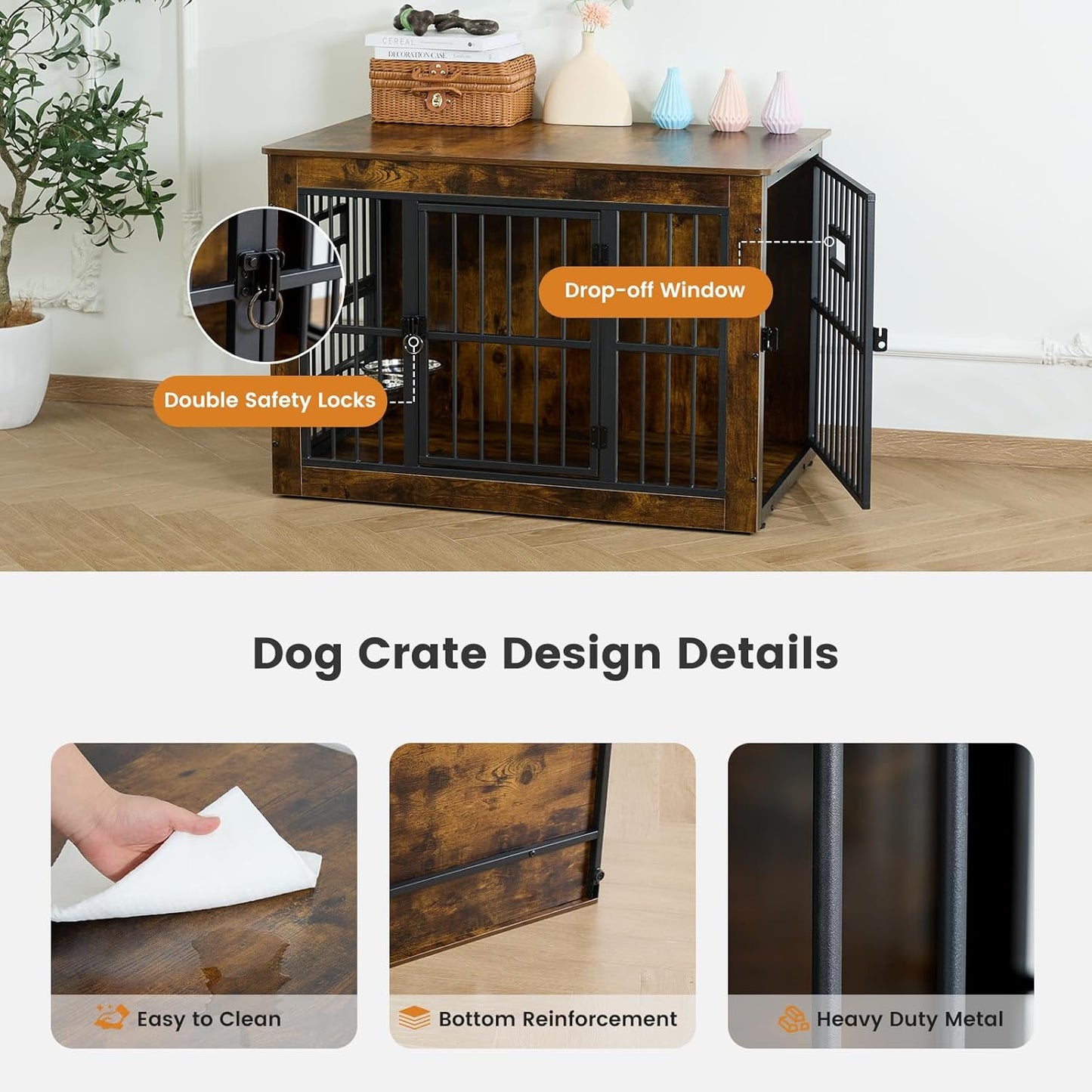 Gardner Pet Dog Crate Furniture for Small Dogs, 27.2 Inch Dog Kennel Indoor, Wooden Dog Cage End Table, Heavy Duty Dog Crate, Rustic Brown