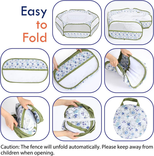 Pawaboo Small Animals Playpen, Waterproof Small Pet Cage Tent with Zippered Cover, Portable Outdoor Yard Fence with 3 Metal Rod for Chick/Kitten/Puppy/Guinea Pig/Rabbits/Hamster, Blue + White Flower