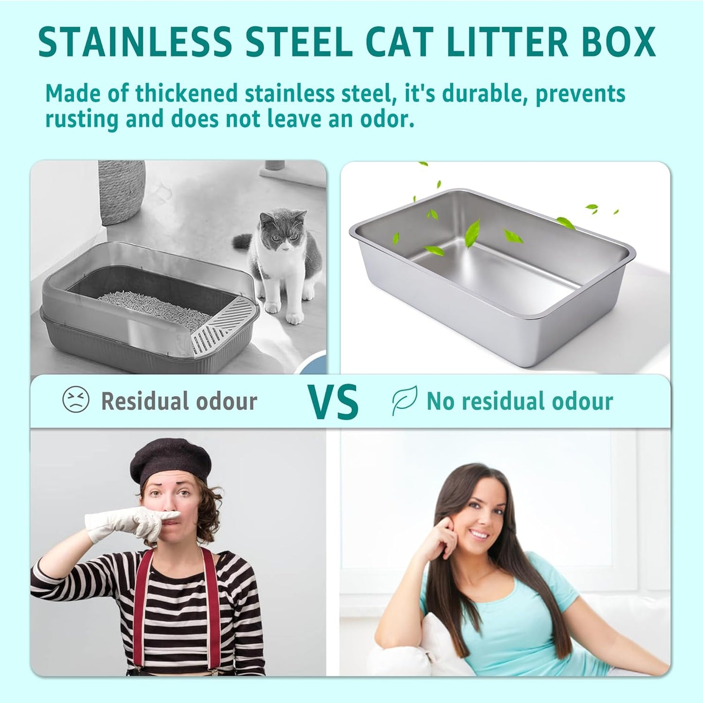 Stainless Steel Litter Box -6in High Sided,XL Metal Cat Litter Box for Big Cats Easy to Clean, Cat LitterBox Metal Pet Toilet for Adult Big Cats,Non Stick, No Smell,23.6"x15.8"x6"