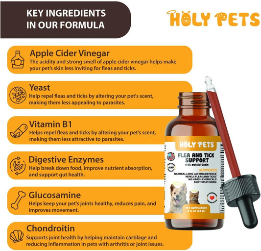 Flea & Tick Oral Drops for Dogs & Cats – Natural Herbal Supplement with B Vitamins – 2 oz, 60 Servings – Safe for All Breeds – Made in USA