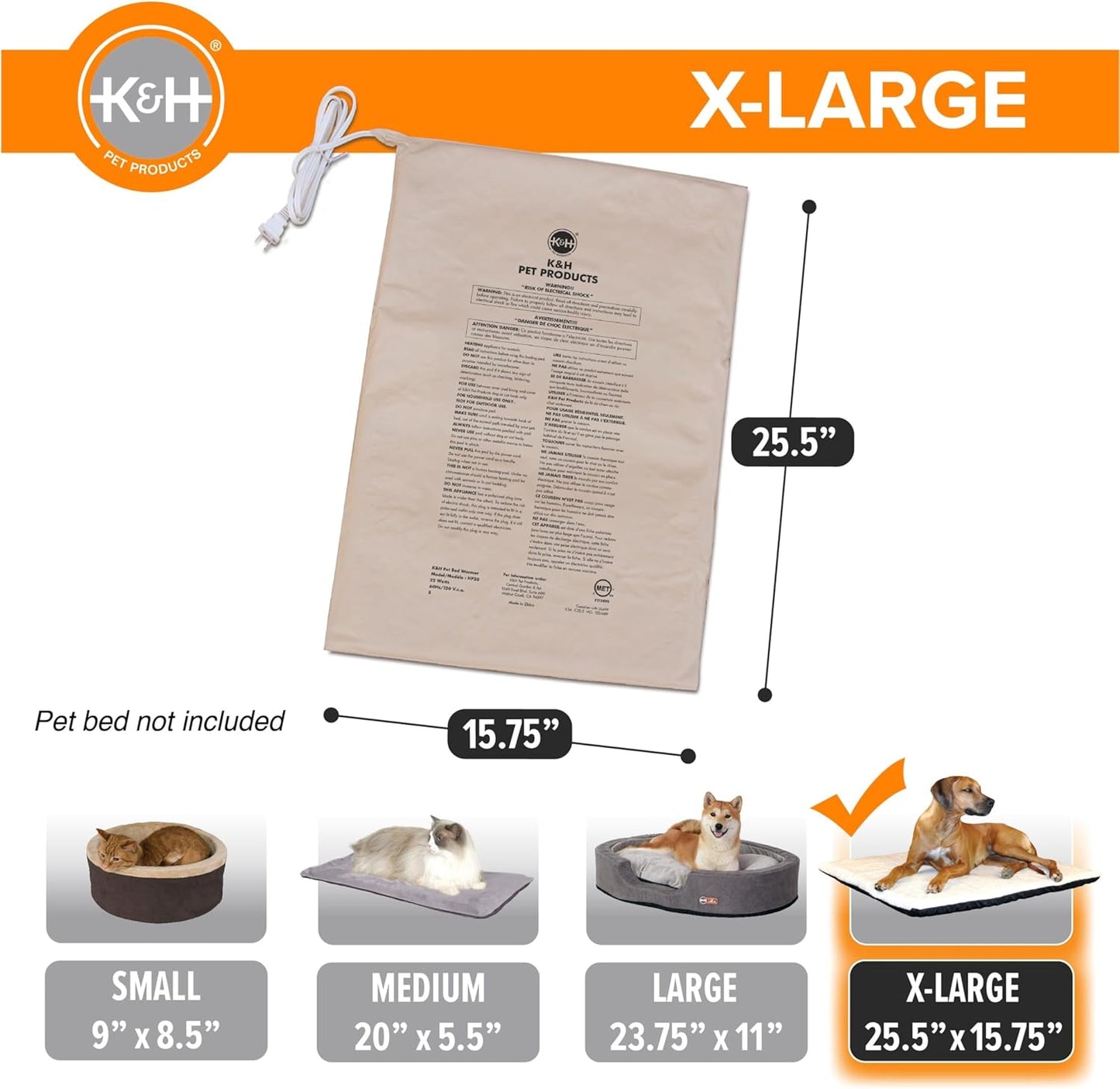 K&H Pet Products Bed Warmer - Automatic Temperature, Safety Listed - Extra-Large 25.5" x 15.75" (Pack of 12)