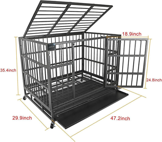 Confote 48" Heavy Dog Duty Cage Metal Indestructible Dog Kennels Crate for Large Dogs with Double Doors & Lockable Wheels