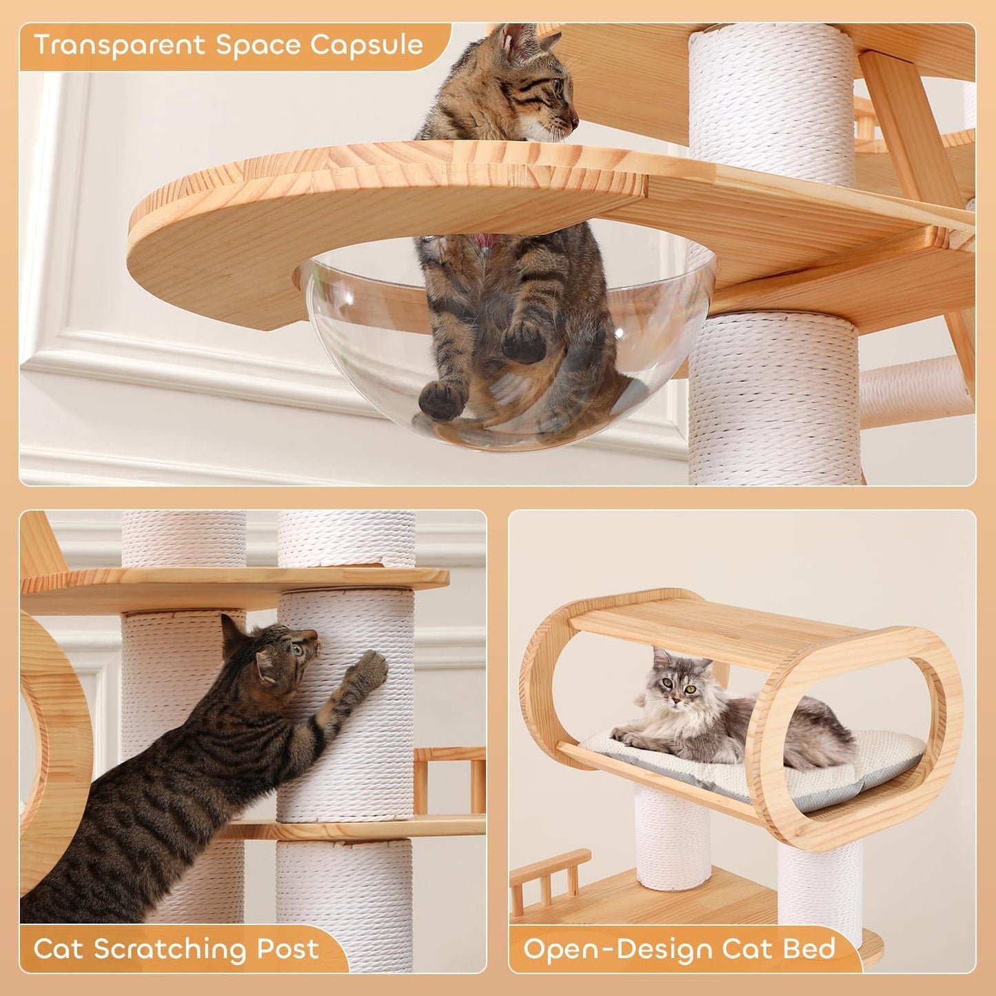 76.8'' Modern Cat Tree for Indoor Cats, Tall Wooden Cat Tower for Home Decoration, Multi-Level Tower with Transparent Cat Bed, Huge Cat Condo for Multi-Cat Families