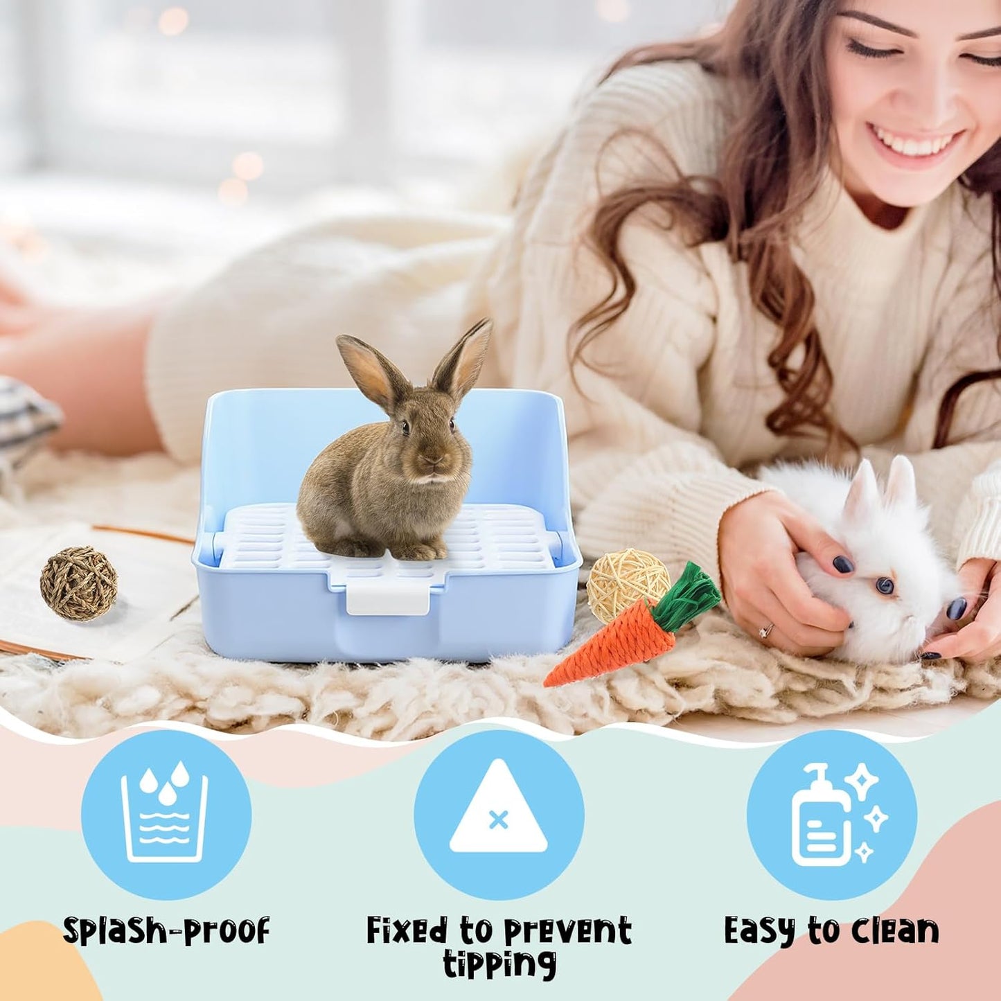 15 Pcs Rabbit Starter Kit Small Rabbit Litter Box Animal Grooming Kit Bunny Toys Bowl Blankets with Cleaning Set for Guinea Pig Accessories(Candy Blue)