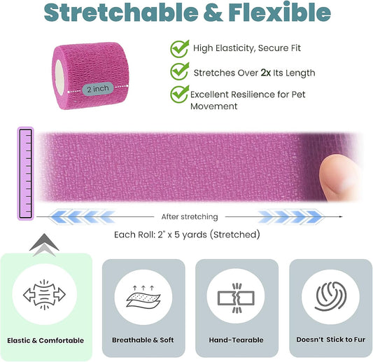 Pet Bandage 6 Rolls, Adhesive Bandage, Self Adhesive Bandage, First Aid Adhesive Gauze, for Horses, Dogs,Cats, Birds, Animals, (Solid Colors, 2 Inch (Pack of 6))