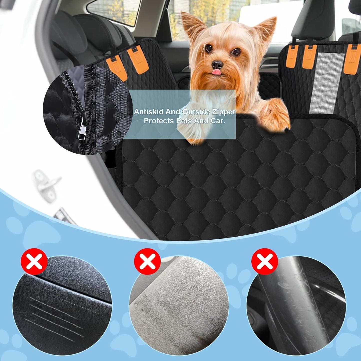 Dog Car Seat Cover for Back Seat, Waterproof Protector with Side Flaps, Scratchproof Hammock, Non-Slip Bottom for Cars/Trucks/SUVs (Black)