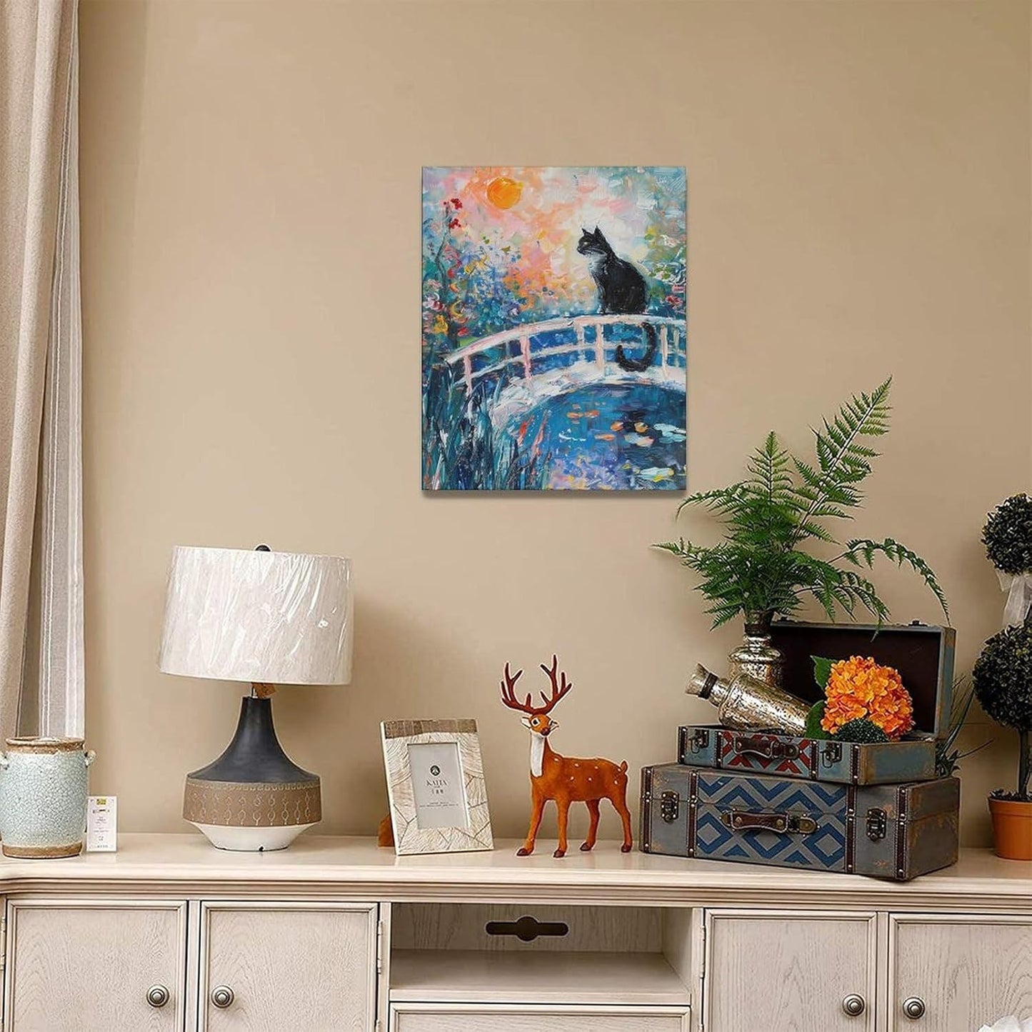 Quorin Black Cat Wall Art Water Lily Sunset Pictures Cat Wall Decor Impressionism Canvas Print Painting Artwork for Bathroom Living Room Bedroom 16"x20"