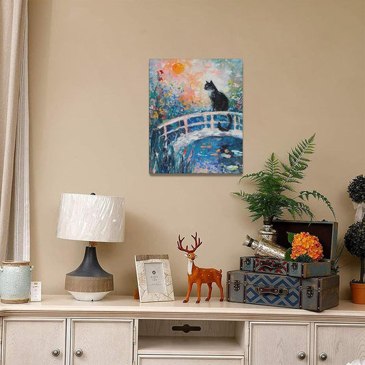 Quorin Black Cat Wall Art Water Lily Sunset Pictures Cat Wall Decor Impressionism Canvas Print Painting Artwork for Bathroom Living Room Bedroom 16"x20"