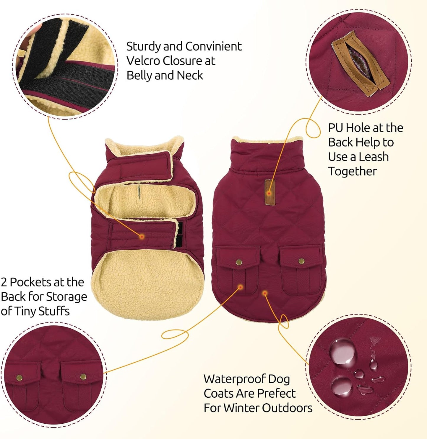 Queenmore Dog Winter Coat Warm Puffer Jacket Waterproof Plush Lining Thermal Cold Weather Vest for Small Medium Large Dogs, Windproof Easy On Pet Jacket Burgundy S