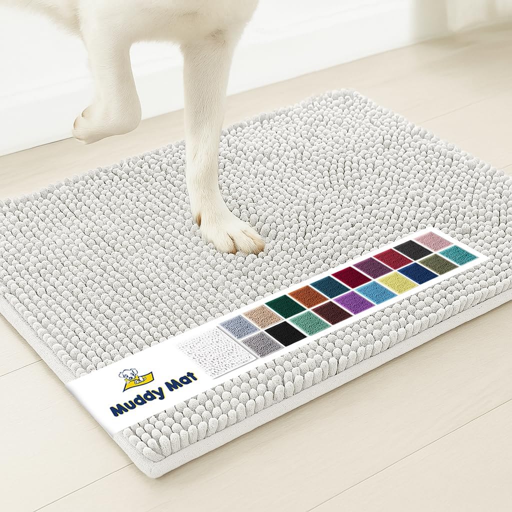 Muddy Mat® AS-SEEN-ON-TV Highly Absorbent Microfiber Door Mat and Pet Rug, Non Slip Thick Washable Area and Bath Mat Soft Chenille for Kitchen Bathroom Bedroom Indoor and Outdoor - White 24" x 72"