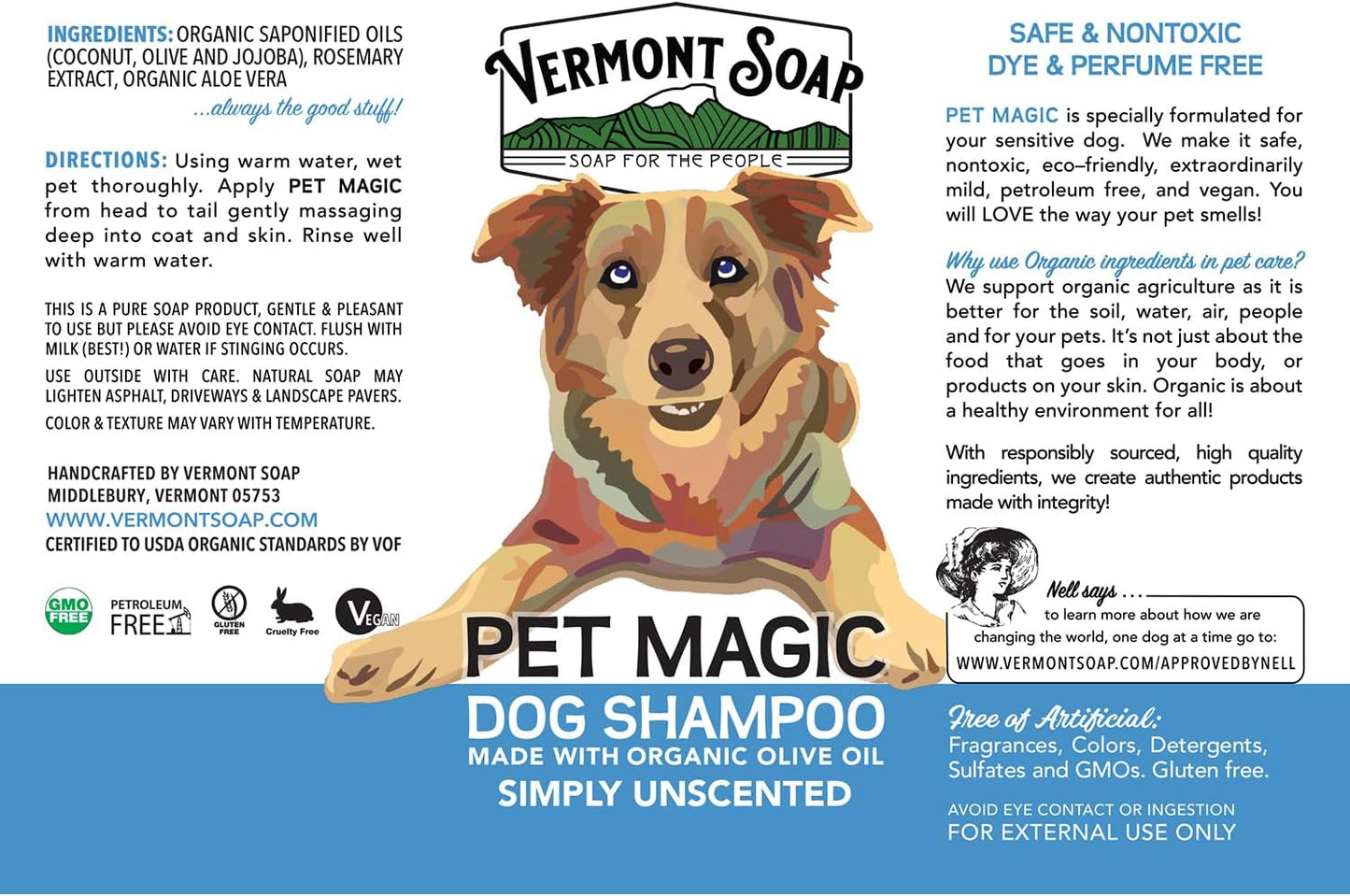 VERMONT SOAP Organics Pet Shampoo - Infused with Organic & Natural Olive Oil, Coconut & Aloe Vera Dog Shampoo for Sensitive Skin - USDA Certified Grooming - Unscented (640oz)