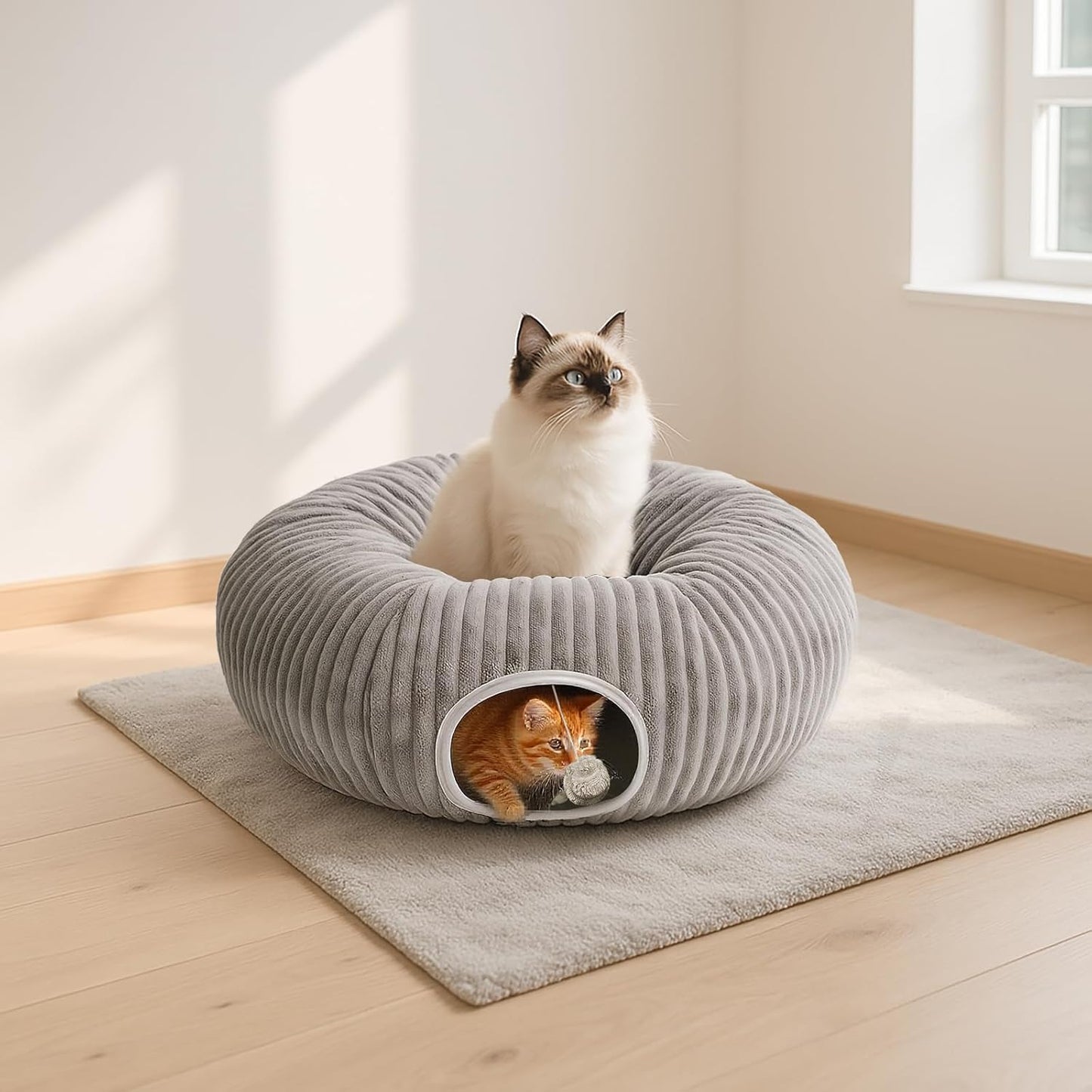 Cat Tunnel Bed for Indoor Cats, Peekaboo Cat Cave Bed,Soft Cat Donut Tunnel for Kitten Large Cats, Grey