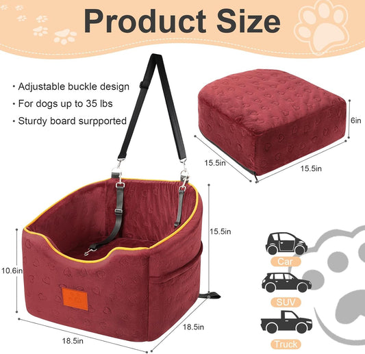 Dog Car Seat for Small Dogs, Memory Foam Booster Dog Seat for Dogs up to 35 lbs, Elevated Pet Car Seat, Travel Safety Pet Seat with Washable Removable Cover, Storage Pockets (Red)