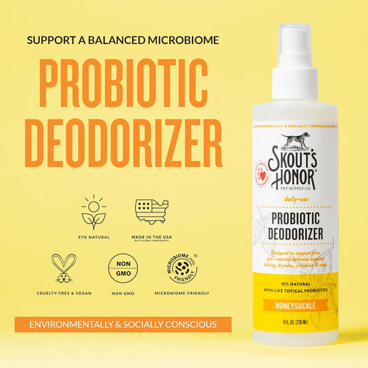 Skout's Honor Probiotic Pet Deodorizer Spray- Hydrating Daily-Use with Avocado Oil & Omega-3s, Microbiome Friendly Certiified, Paraben & Sulfate-Free, 97% Natural, 8oz, Honeysuckle