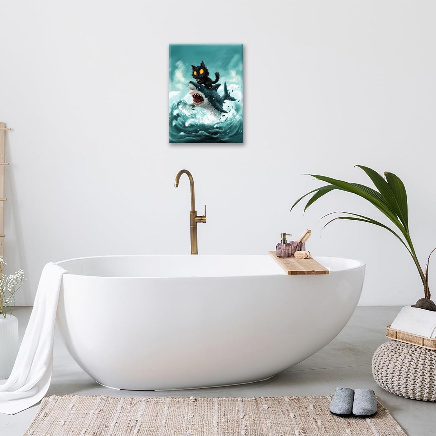 Funny Black Cat Bathroom Wall Art Cute Cat Riding Shark Canvas Wall Decor Animal Kitten Pictures Painting Print Artwork Framed Decorations Gifts for Cat Lover Kids Room Bedroom 24"x20"