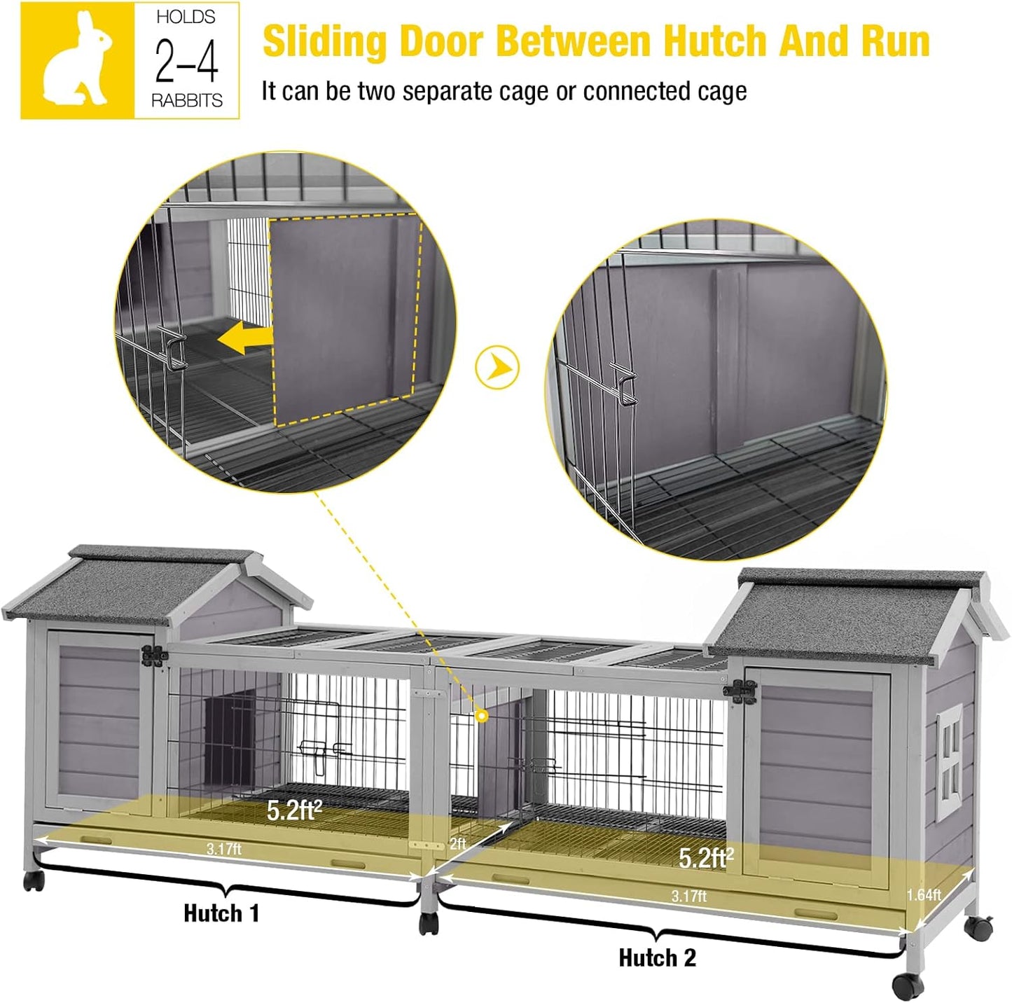 Aivituvin Rabbit Hutch Bunny Cage with Double House and Run Indoor Outdoor Guinea Pig House with Deeper No Leak Trays and Wheels