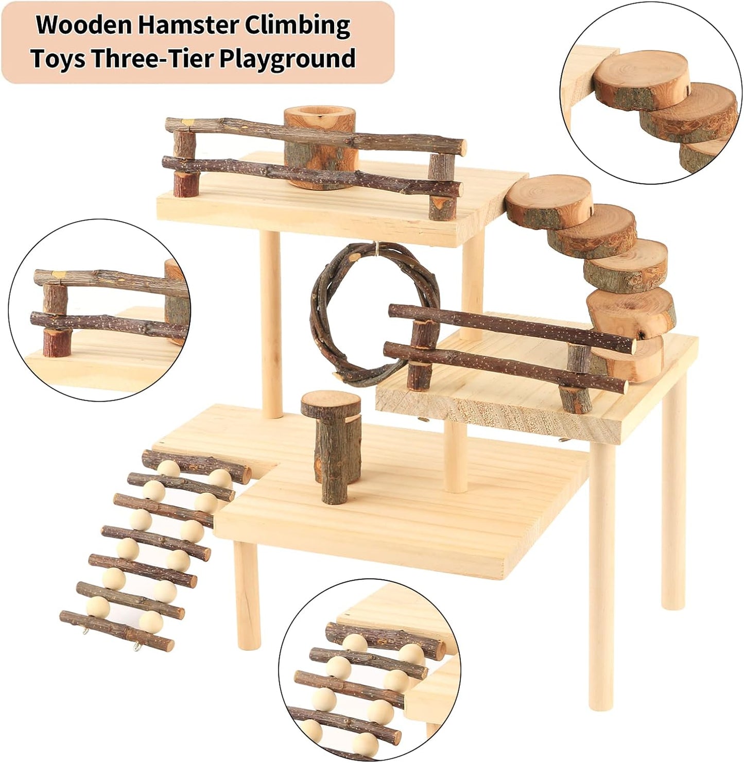 HOSUKKO Hamster Climbing Toys 3-Tier Extra Large Hamster Playground Natural Wooden Small Animal Platform Toys Hamster Exercise Activity Climbing Platform with Bridge for Gift