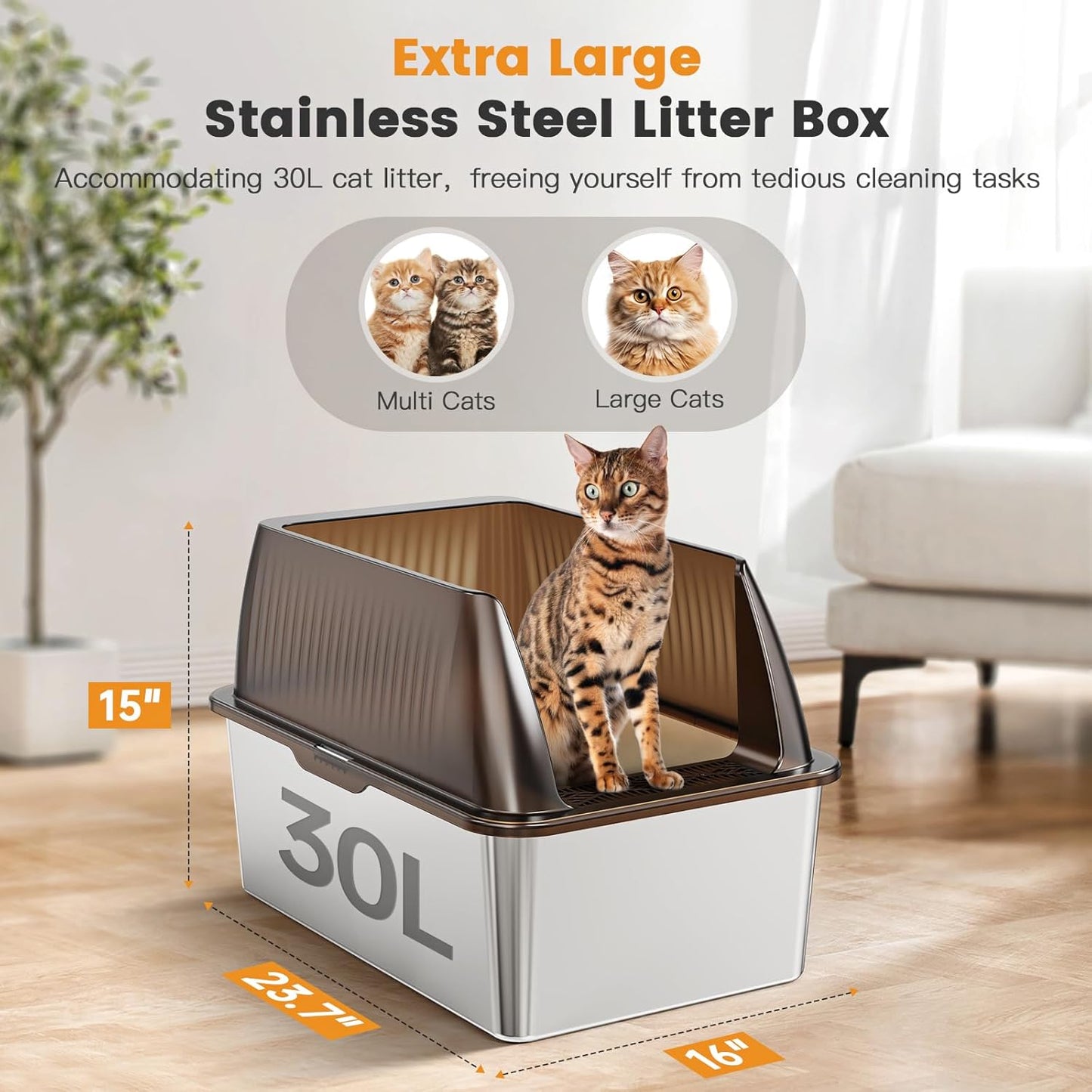 Tripamin 15” XL Stainless Steel Cat Litter Box Enclosure, XXL Stainless Steel High Sides with Lid, Extra Large Metal Cat Litter Box (Translucent Brown, XX-Large)