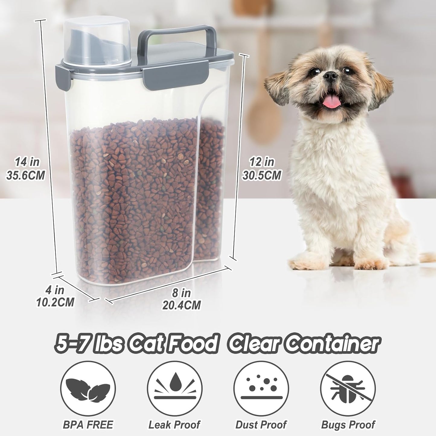 Large Spout Pet Food Storage Container, 5-7LBS/6Qt/5L Meter Dispenser with Handle, Measuring Cup, Double Sealing Tape and 4 Safety Snaps to Seal Dog Food and Cat Food-Gray Blue