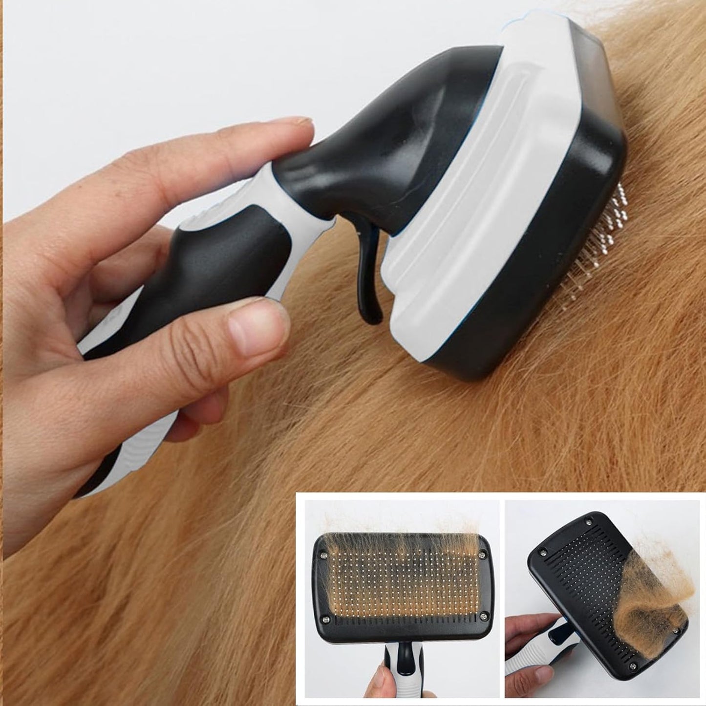 Dog Brush Kit for Grooming Short & Long Haired Dogs & Cats, 4-in-1 Pet Grooming Set with Self-Cleaning Slicker Brush, Deshedding Tool, Shampoo Bath Comb, Massge Comb (White Black)