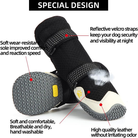 Dog Shoes for Hot Pavement Anti-Slip Dog Boots Waterproof Dog Shoes for Small to Large Dogs with Reflective Straps Pet Dog Boots for Hiking.4Pcs Soft Breathable Paw Protectors for Dogs