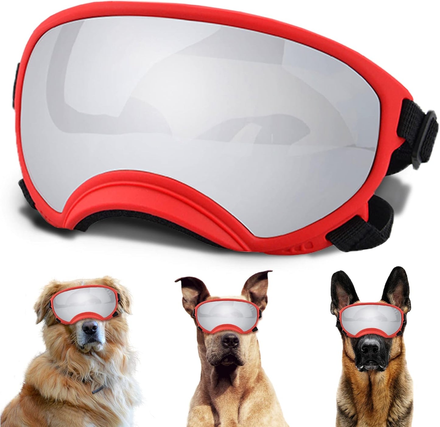 Large Dog Sunglasses with Adjustable Strap UV Protection, Winproof Puppy Sunglasses, Suitable for Medium-Large Pet Glasses, Dogs Eyes Soft Goggles, Red Silver