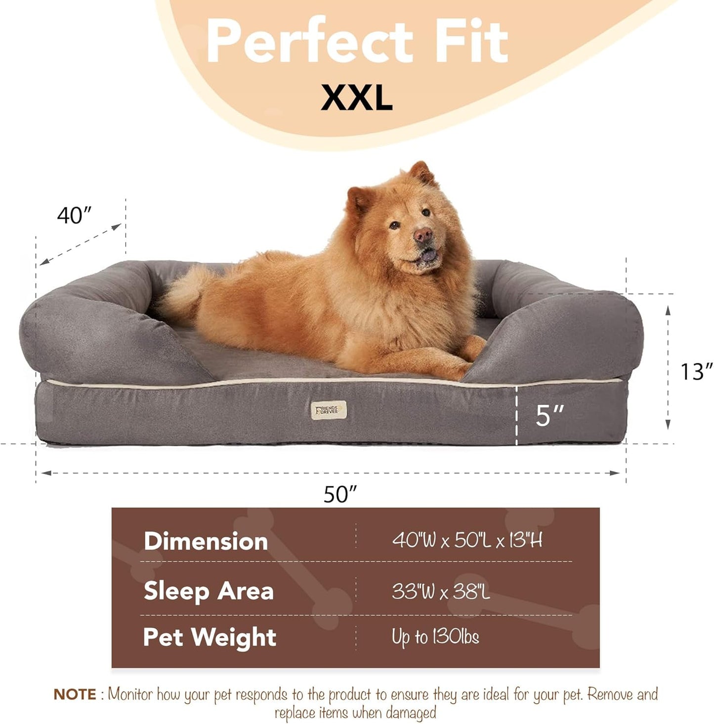 Chester XX-Large Dog Bed - Orthopedic Memory Foam Mattress, Calming Couch Bed, Wall Rim Pillow, Water Resistant Liner, Washable Cover, Non-Slip Bottom, Grey