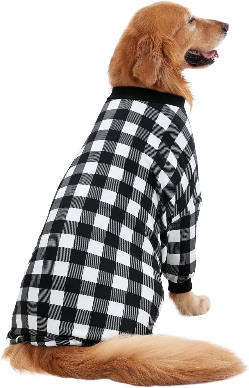 HDE Dog Pajamas One Piece Jammies Jumpsuit Pet Clothes Outfit Stretchy Lightweight Comfy Shirt Pjs for M-3XL Dogs Black & White Buffalo Plaid - 3XL