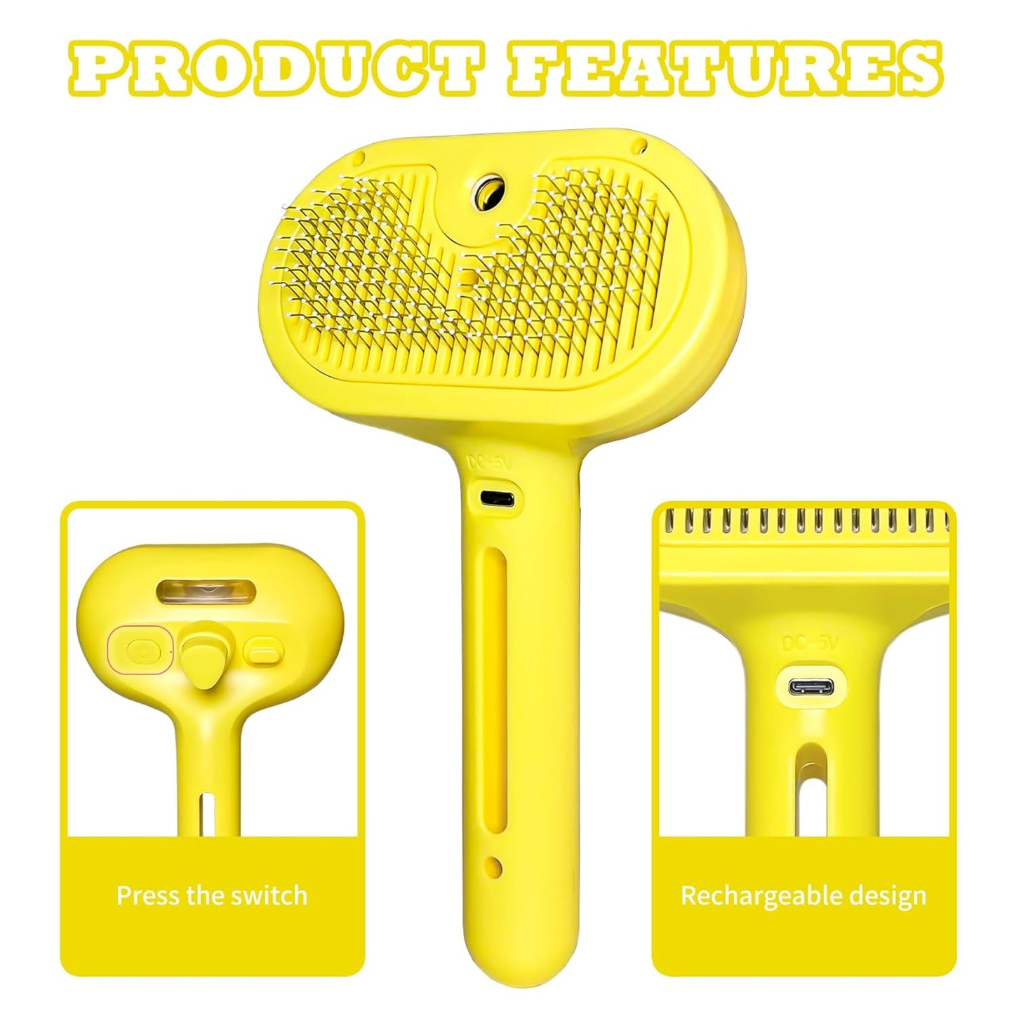 Cat Brush for Shedding - Pet Hair Removal Comb with Water Tank, Steam Brush, Cat Bath Brush, Dog Brush - Yellow