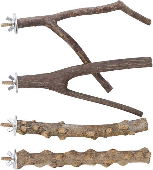 CozyCabin Natural Wood 4Pcs Bird Perches Stand, Hanging Cage Toys Accessories for Small Parrot Budgies Conure Parakeets Cockatiels Lovebirds