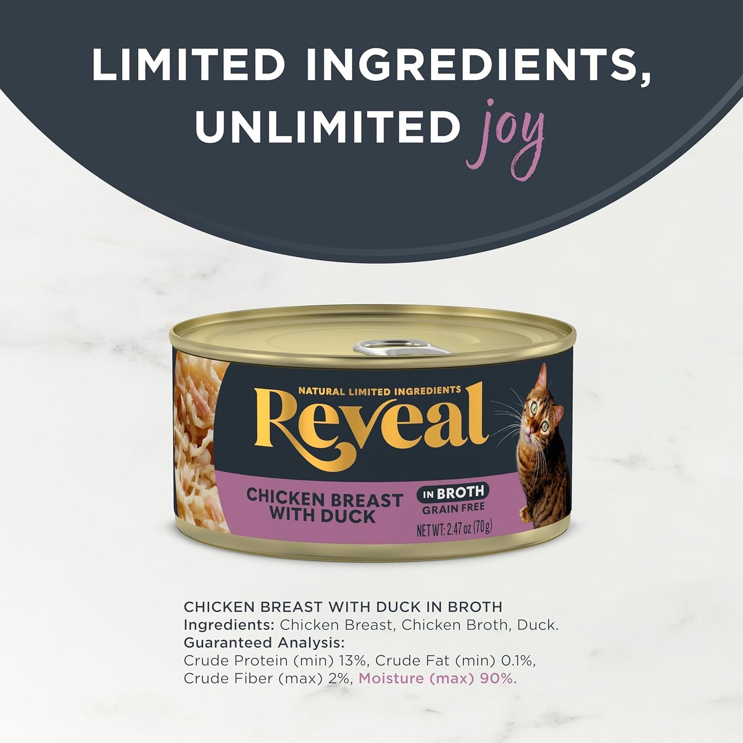 Reveal Natural Wet Cat Food, 24 Count, Grain Free, Limited Ingredient Canned Food for Cats, Chicken Breast with Duck in Broth, 2.47 oz Cans
