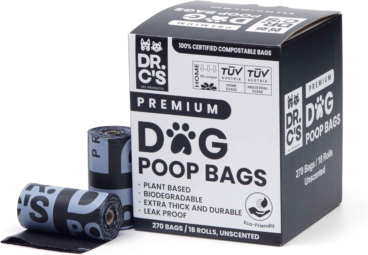 100% Certified Compostable Dog Poop Bags - Dr. C's Premium Dog Poop Bags - 270 Bags / 18 Rolls, Extra thick, Leak Proof, Unscented, Plant Based and Earth Friendly