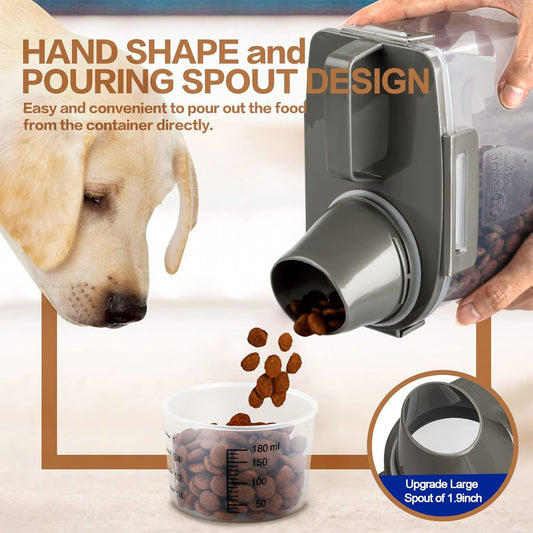 Upgraded Dog Food Storage Container Small, Cat Food Container Airtight, Pet Food Container Dispenser with Pour Spout, Measuring Cup and 4 Seal Buckles for Dogs, Cats, Birds (Grey)