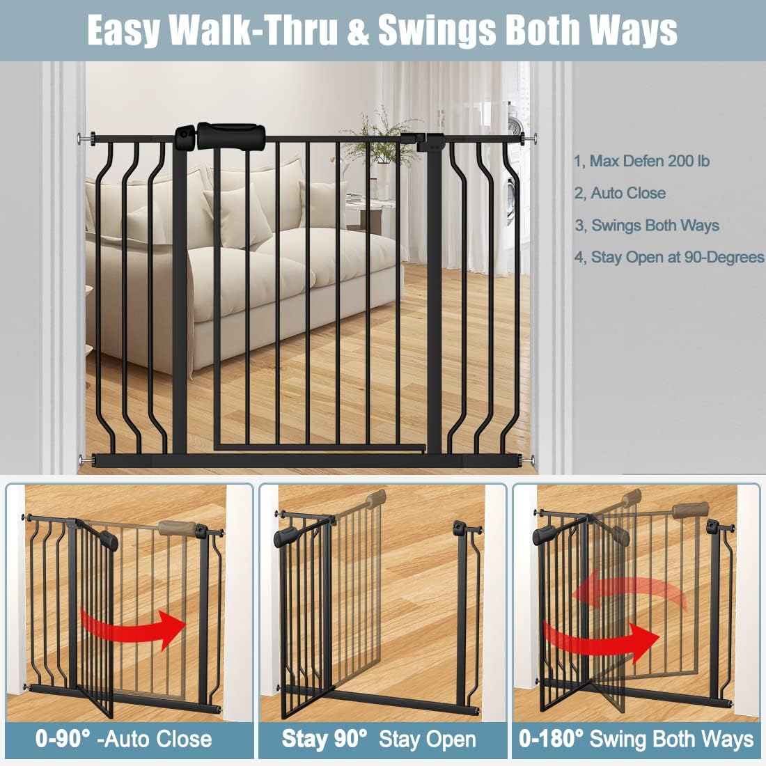 Extra Wide Baby Gate 67-71.5 Inch Wide Walk Through Pressure Mounted Auto Close Large Long Tension Gate for Dog and Cats Black