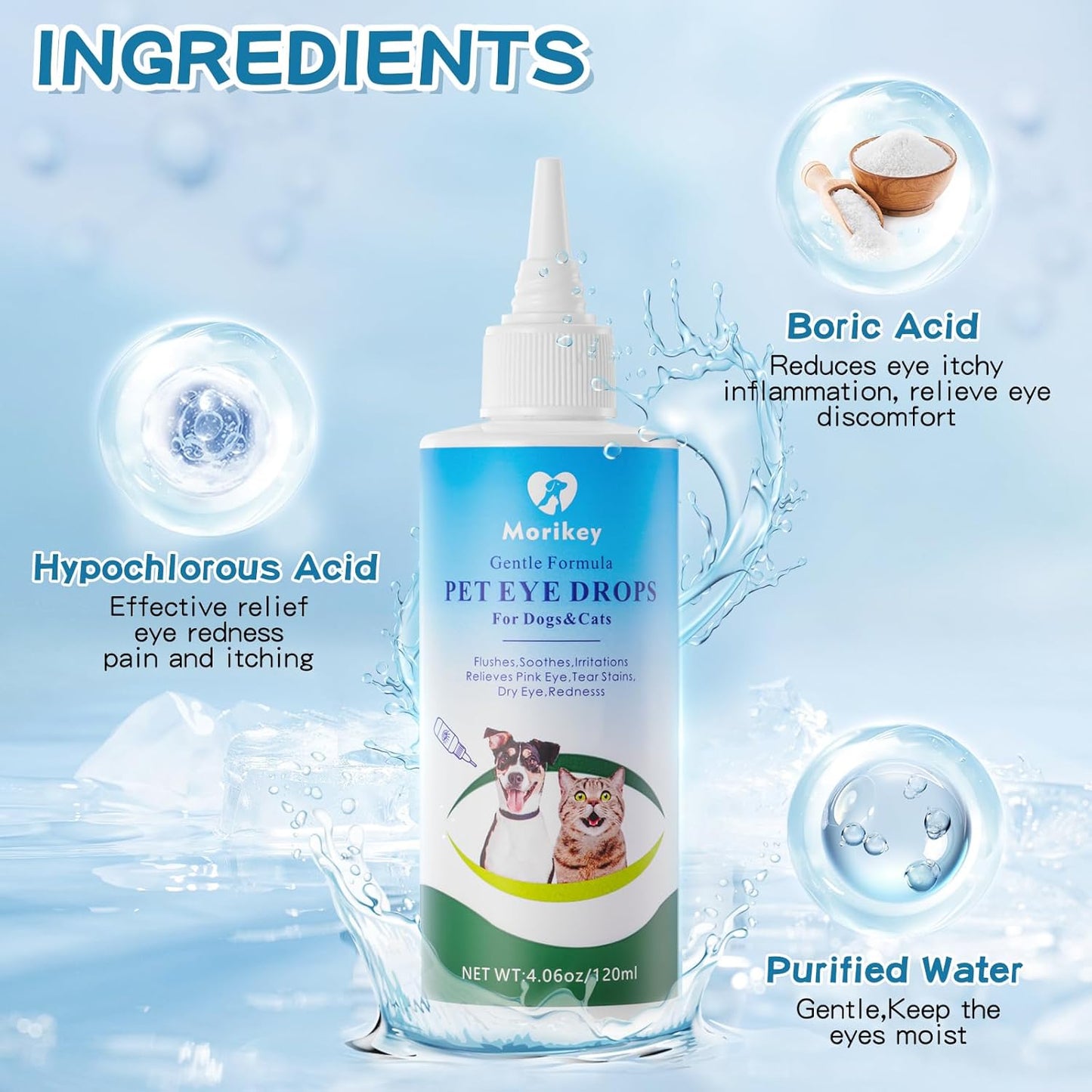 Pet Eye Drops,Gentle&Safe Dog Eye Drop for Infection,Relieve Eyes Itching & Irritation,Remove Tear Stains,Safe for All Animals, 4.06oz,120ml