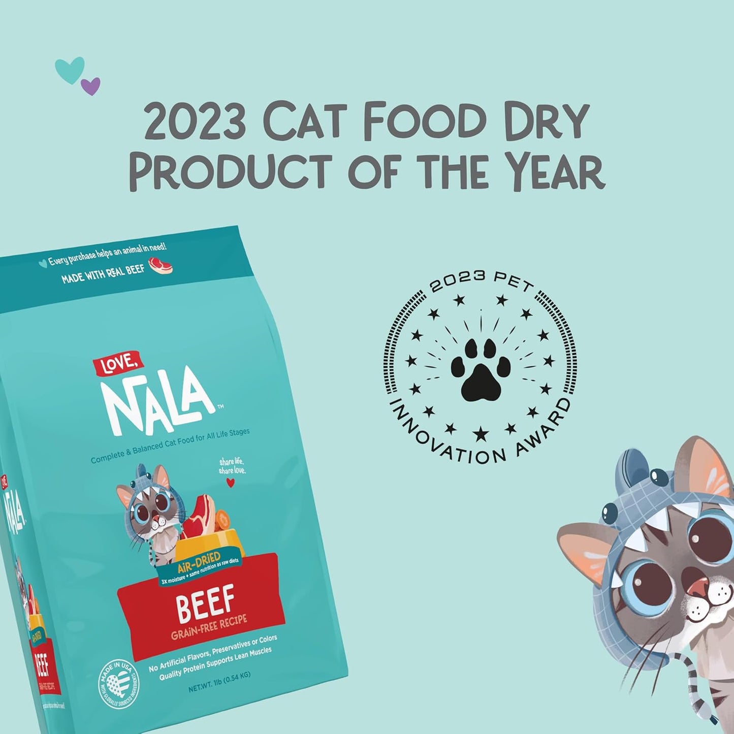 LOVE, NALA - Beef Air Dried Cat Food - Award Winning - Made in USA - Complete & Balanced Cat Food for All Life Stages- 1 Bag - 1 lb.