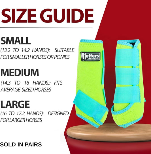 Jeffers Equine Neon Horse Boots – 1 Pair – Lime and Turquoise – Small Size – Breathable Neoprene, Secure Strap Closures – Durable Protection for Front & Hind Legs, Training, Trail & Riding Use