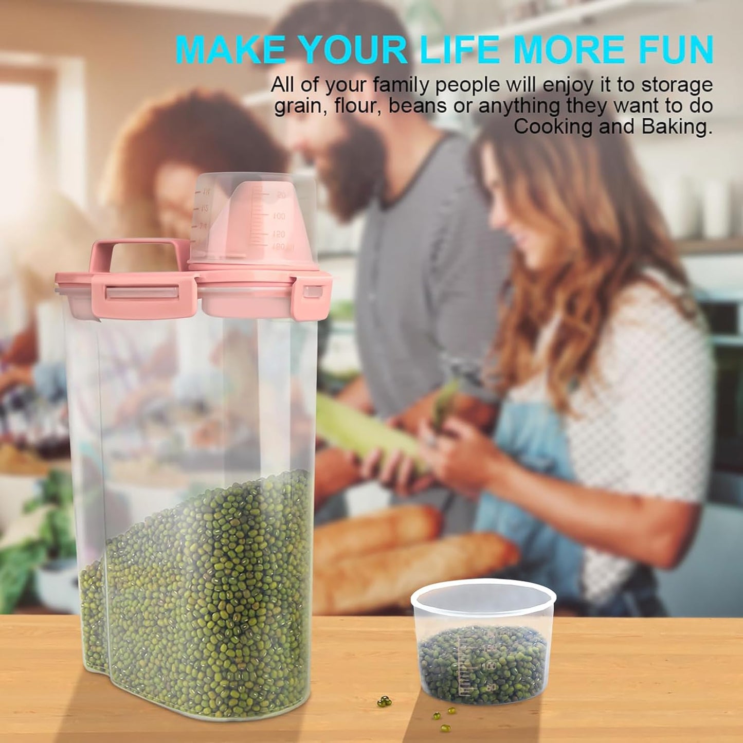 Rice Airtight Dry Food Storage Containers, BPA Free Plastic Storage Bin Dispenser with Pourable Spout, Measuring cup for Cereal, Flour and Baking Supplies, Include a Stainless Steel Whisk