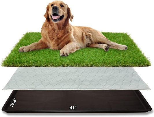 Dog Grass Large Potty Patch, Dog Litter Boxes Artificial Grass Bathroom Turf for Pet Training, Washable Puppy Pee Pad, Perfect Indoor/Outdoor Portable Potty Pet Loo (Tray system-41"X26.8")