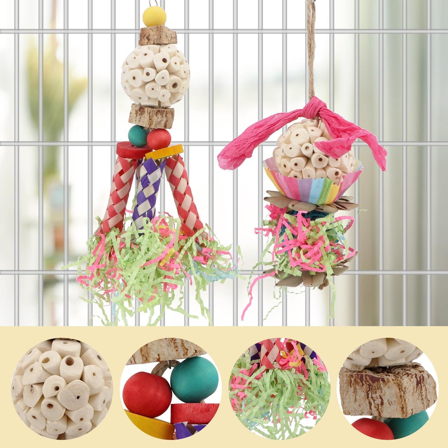 Wontee Bird Toys Colorful Shredding Crinkles Foraging Toys Natural Sola Ball for Parrots Cockatiels Conures Parakeets Budgies Senegal (Sola Ball (2 Pack))