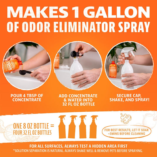 Angry Orange Pet Odor Eliminator for Home - 8oz Dog and Cat Pee Smell Remover for Carpet, Grass, Tile and Furniture - Citrus Concentrate, Makes 128oz of Liquid