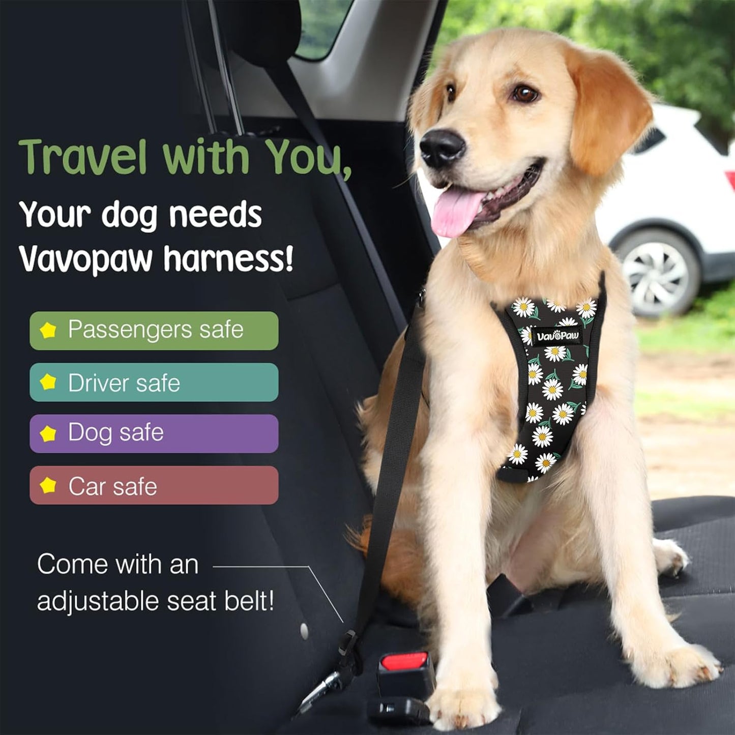 Dog Seat Belt, Safety Vest Dog Car Harness with Adjustable Buckle Dog Seat Belt for Vehicle Nylon Pet Safety Seat Belts Heavy Duty(XL, Black Daisy)