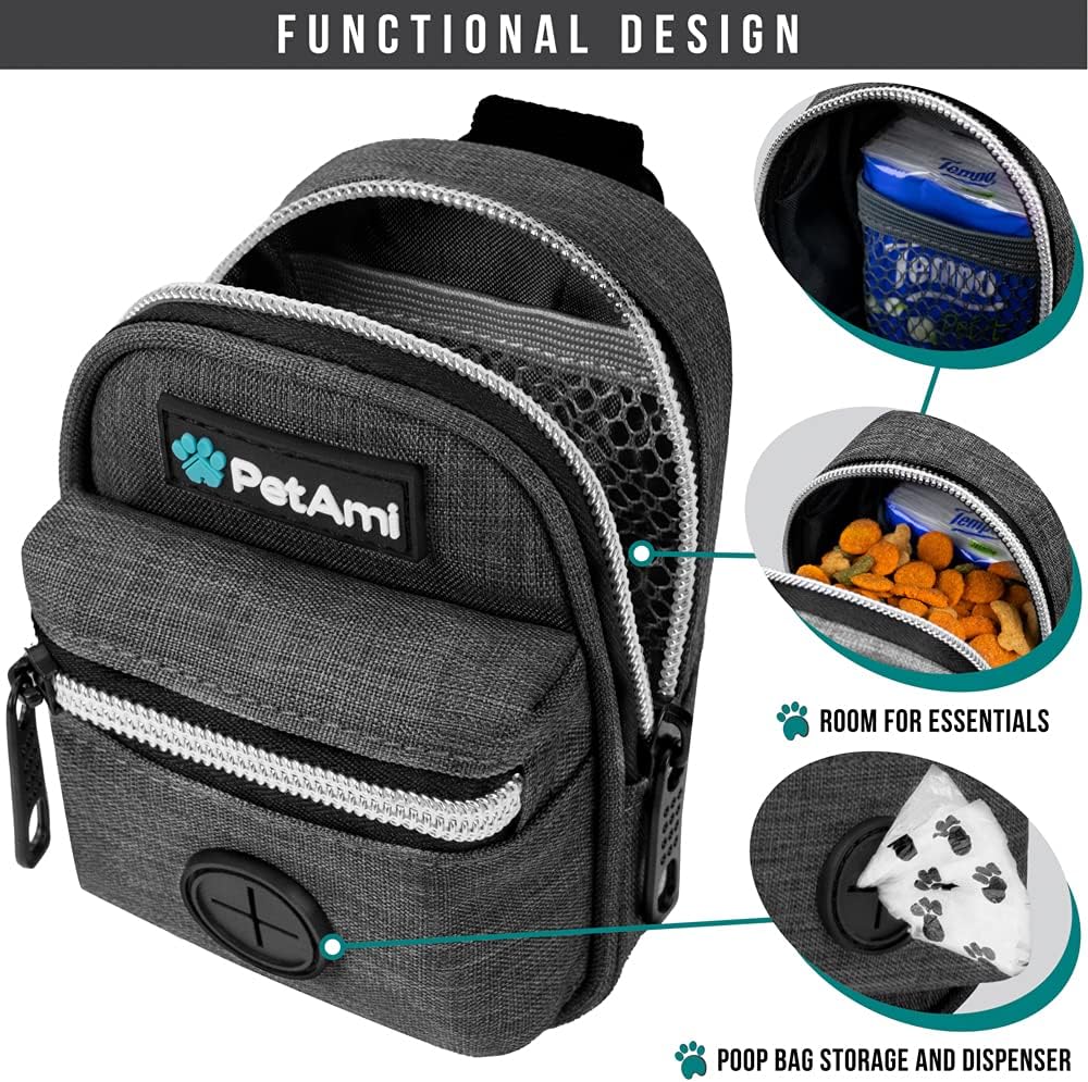 PetAmi Dog Poop Bag Holder for Leash, Dog Pet Waste Bag Dispenser For Poop With Clip, Doggy Puppy Walking Accessories Travel Camping, Dog Treat Pouch Supplies Must Have With Dog Bag Roll, Dark Gray
