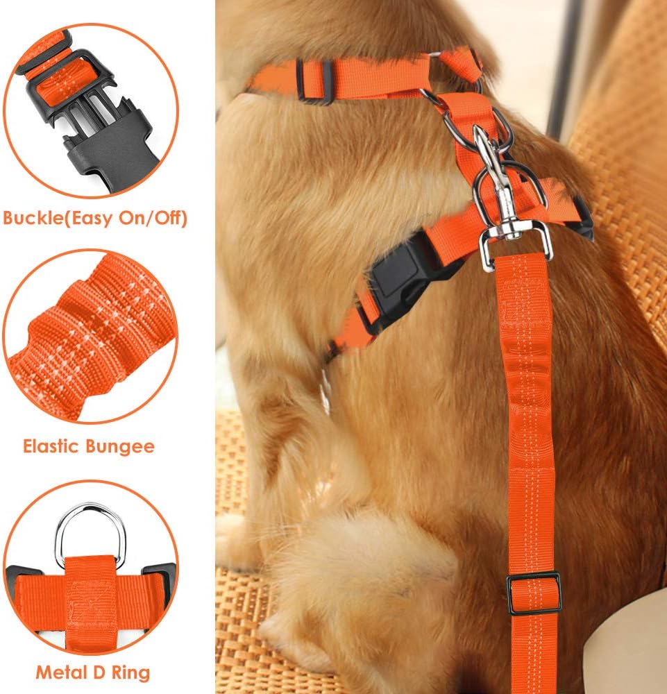 Lukovee Dog Seat Belt - Adjustable Dog Car Harness for Large, Medium, Small Dogs - Soft Padded & Breathable Mesh Dog Seatbelt with Vehicle Connector Strap (Orange, Small)