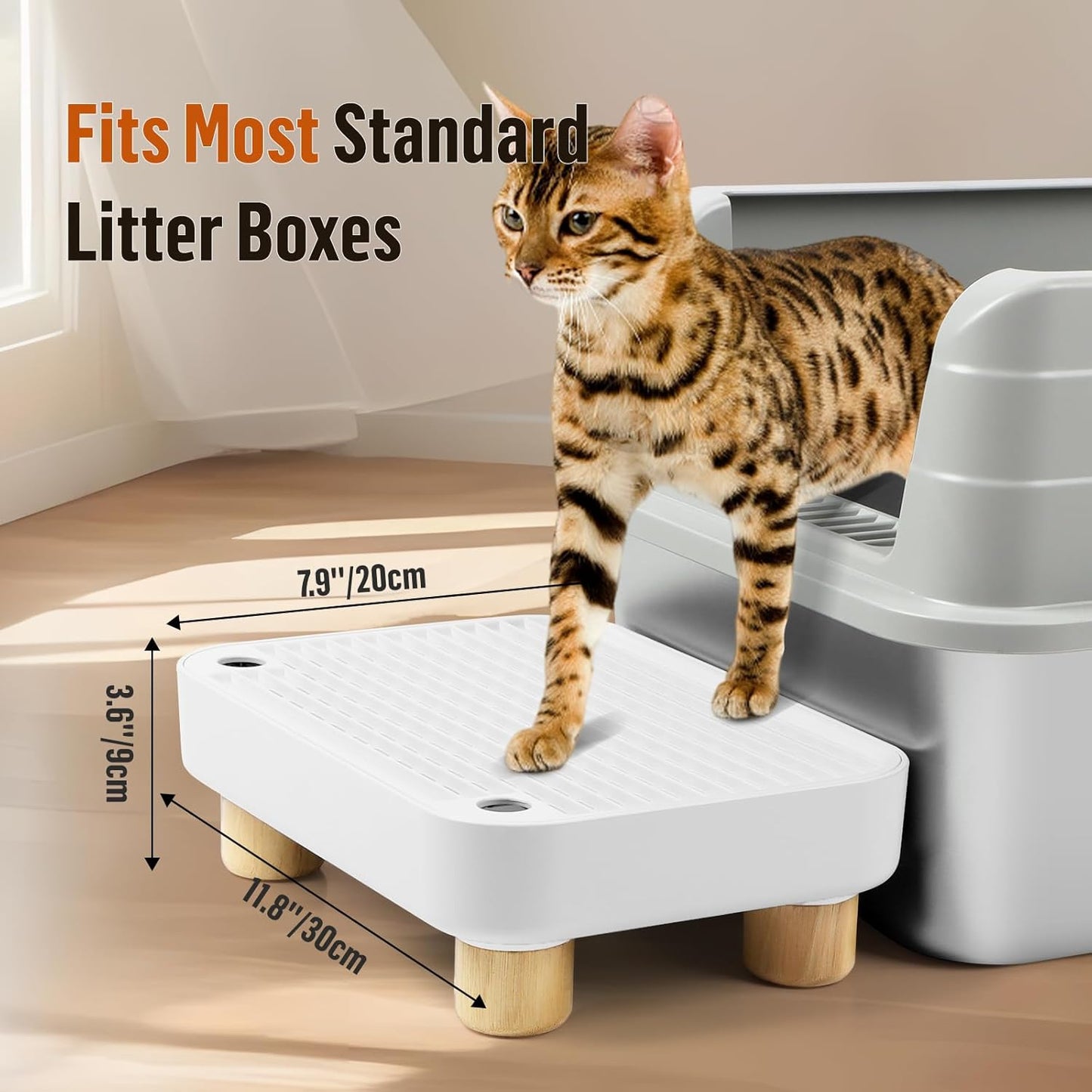Cat Litter Box Step Ramp, Cat Litter Catcher Mat with Wooden Feet, Filter Function, Cat Pedal Stool for Self-Cleaning Cat Litter Box, Ideal for Kitten & Elderly Cats (White)