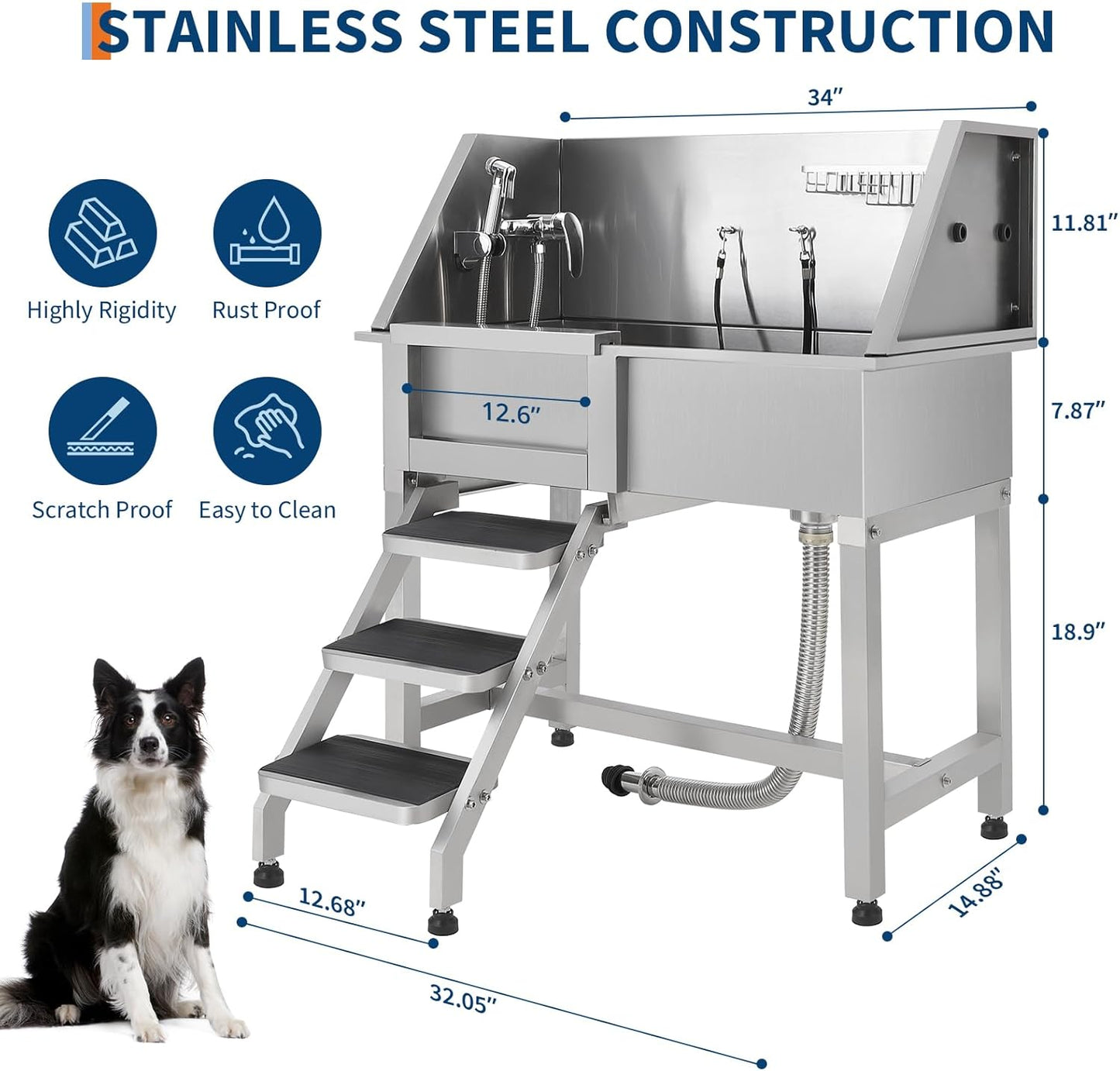 Stainless Steel Dog Washing Station - Dog Bath Tub for Large, Medium, Small Dogs, Pet Grooming Tub with Ramp, Non-Slip Grate, Shower, Soap Box, Faucet, Drain for Home & Outdoor （Left RAMP, 38"）