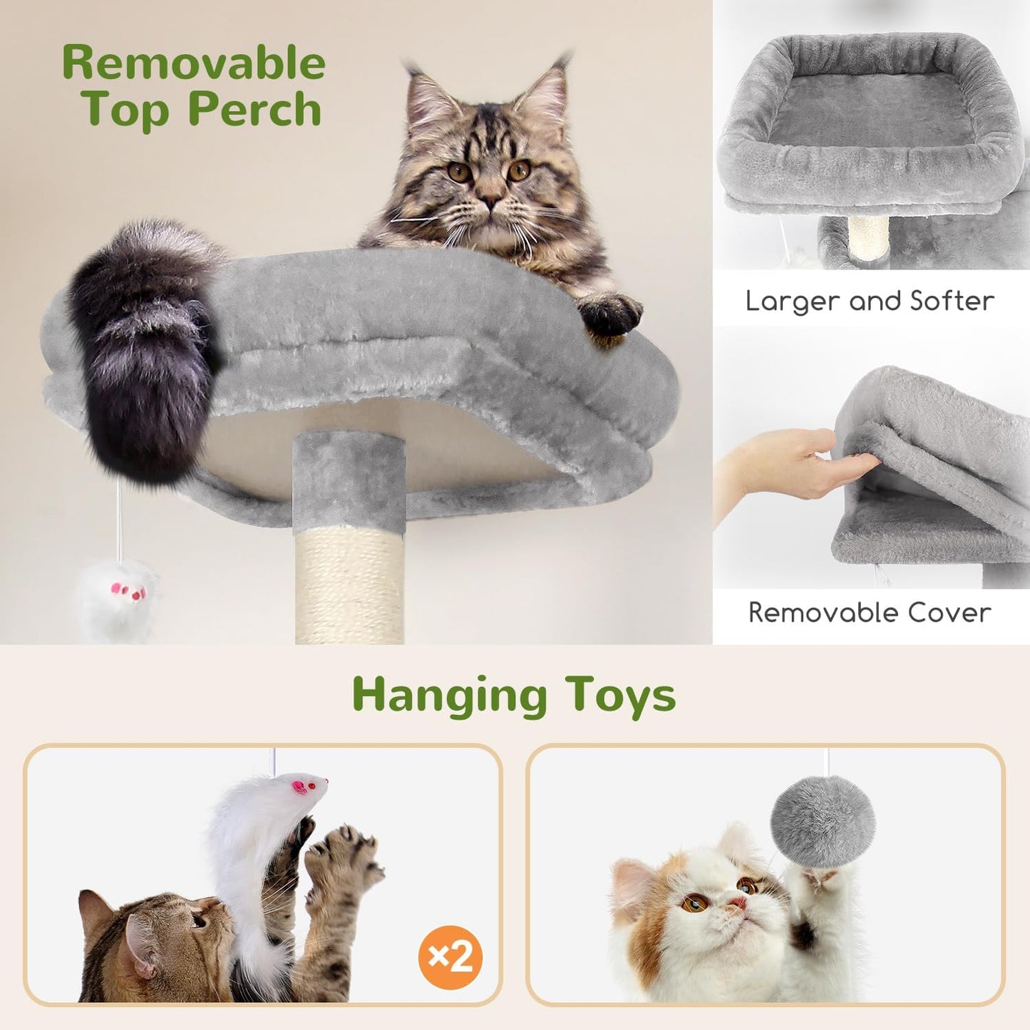 Globlazer Tall Cat Tower, 76 inch Multiple Level Cat Climbers for Indoor Cats, XL Cat Tree with 5 Scratching Posts, 2 Cat Condos, Hammock, 2 Hanging Baskets, F76B, Light Grey