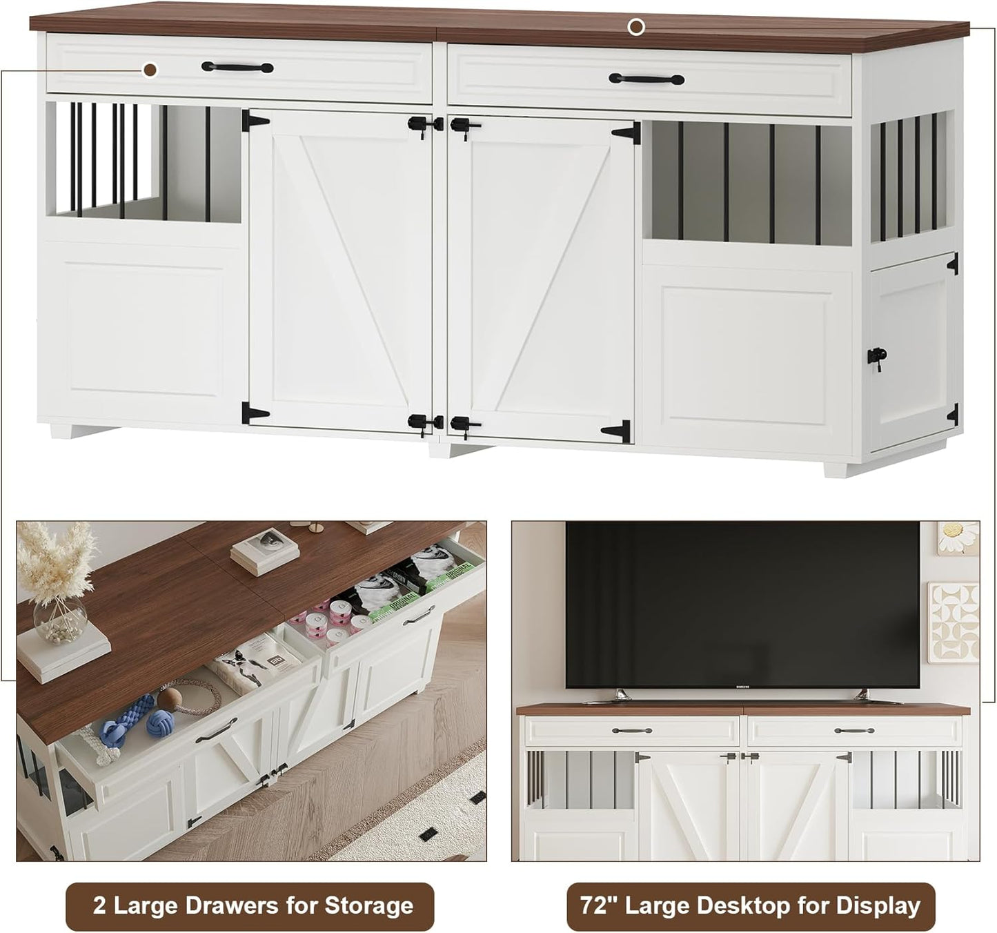 Dog Crate Furniture - Indoor Wood Dog Kennel Furniture 4 Doors with Divider and 2 Drawers - 72" L x 23.6" W x 33.5" H, White